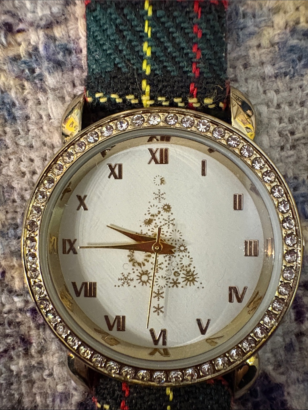 Plaid Fabric Strap Wristwatch with Rhinestone Bezel - Picture 2 of 3